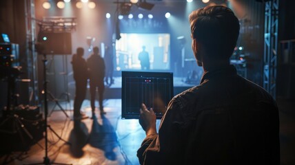 A theater director planning a scene with an AI assistant as a digital storyboard providing adjustments and effects. Film equipment in background. AIG60