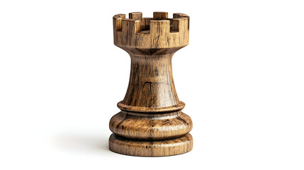 Chess Rook Piece With Modern Wood Texture And Sharp Clean Lines On White Background.