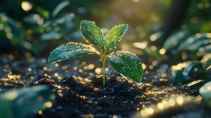 Close-Up Of Green Sapling Sprouting From Rich Soil With Dew-Covered Leaves.