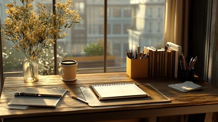 Cozy workspace bathed in warm light. A wooden desk with books, flowers, and a notebook creates a peaceful atmosphere.