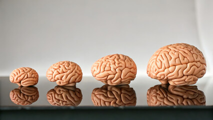 Alzheimer and Neurology concept , Small to large brain models showcasing size differences, reflecting cognitive changes