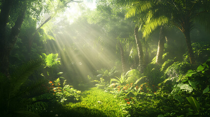 Lush Green Forest With Sunlight Filtering Through Tall Trees And Vibrant Foliage.