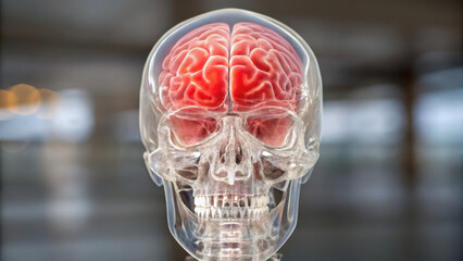 Brain inflammation Concept,Transparent skull revealing red inflamed brain inside, showcasing intricate details and structure