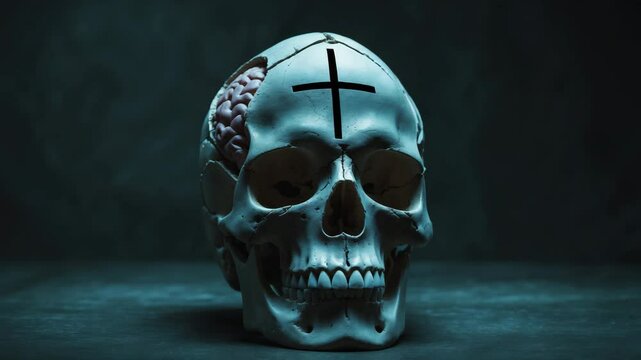Cracked skull with inverted cross and exposed brain tissue