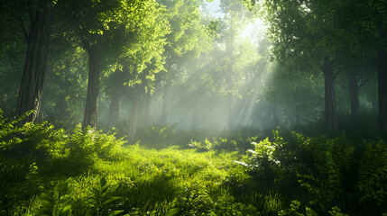 Lush Green Forest With Sunlight Filtering Through Tall Trees And Vibrant Foliage.