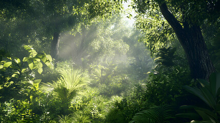 Lush Green Forest With Sunlight Filtering Through Tall Trees And Vibrant Foliage.