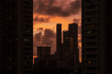 Cinematic view of Mumbai city at night. Mumbai's iconic financial district with this stunning cityscape view. Shot of Mumbai Skyline, high-rise buildings at South Mumbai, Maharashtra India.