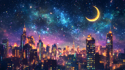 Pixelated Art Of City Skyline At Night With Glowing Windows And Neon Signs.