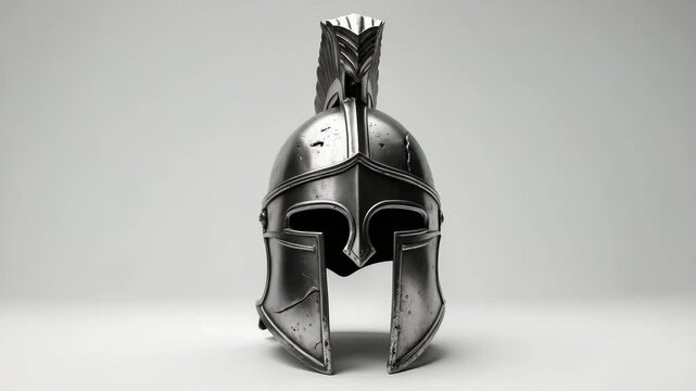 Frontal view of a historic iron helmet displayed against a studio background. Medieval armor, an archaeological relic from past times, sturdy metal head protection gear.
