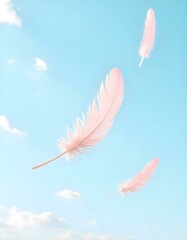 Naklejka premium Several soft pink feathers drift slowly through the air, gently descending against the characteristic pale blue sky filled with soft, scattered clouds. 