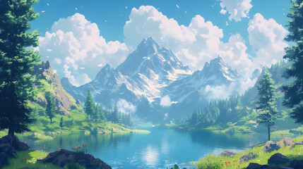 Pixelated Art Of Serene Mountain Landscape With Trees Lakes And Clouds.
