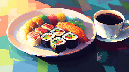 Pixelated Art Of Plate Of Sushi With Colorful Ingredients And A Cup Of Coffee.