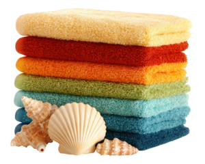 Colorful beach towels stacked neatly with seashells create vibrant and inviting scene, perfect for summer relaxation and fun by ocean