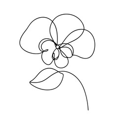 Single line drawing of a whimsical flower with a leaf on white