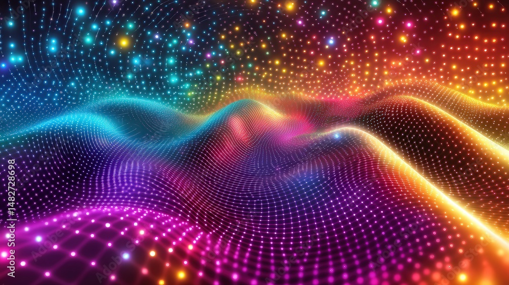 Poster particle tunnel, where vivid, shiny dots of color pulse and flow in an energetic, glowing cascade.