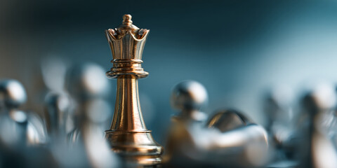 Close-up of golden chess queen, standing out among blurred silver pieces, symbolizing leadership, strategy, and dominance in a competitive environment