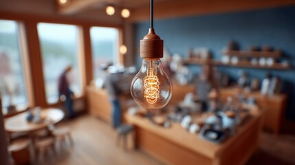 A warm, inviting cafe interior is illuminated by the glow of a vintage-style light bulb, creating a cozy atmosphere.