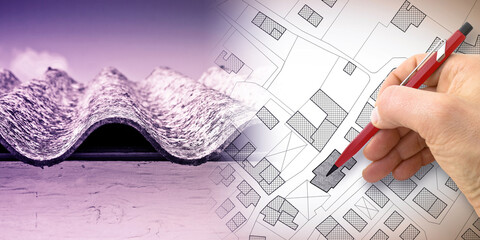 Dangerous asbestos roof: one of the most dangerous materials in buildings - concept with hand...