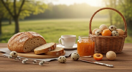 Bread Eggs Jam Breakfast Still Life