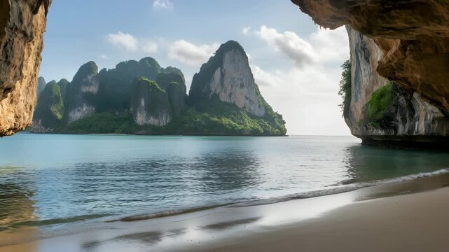 Tropical beach in Thailand with limestone cliffs, peaceful tropical beach in Thailand hidden in cave, uninhabited tropical beach in Thailand nature escape