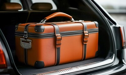 Naklejka premium A luxurious leather suitcase perfectly placed in the trunk of a car, ready for travel and adventure.