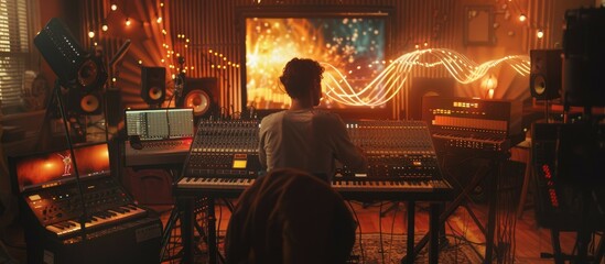 A musician in a cozy home studio with an AI assistant as musical notes and waveforms providing composition feedback. Instruments in background. AIG60