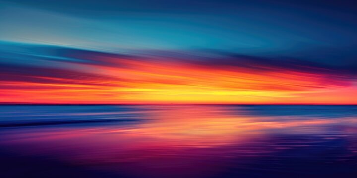 Vibrant sunset sky over calm ocean water. Abstract gradient landscape of blue, red , yellow and purple sky scape in sunset. Sunset scene with peaceful and tranquil atmosphere. Seascape. AIG51.