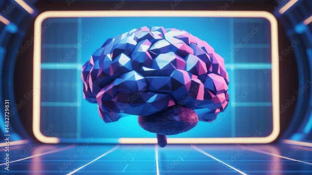 Poster polygonal brain design on virtual screen for creative ai and success concept. ai rendering
