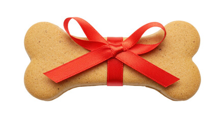 Dog biscuit bone with festive red ribbon isolated PNG with Transparent Background