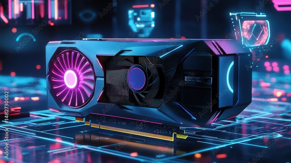 Poster graphics card with augmented reality interfaces hovering above it.