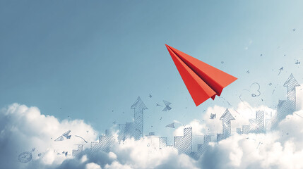Red paper airplane soaring above clouds, growth charts sketched below, symbolizing ambition, progress, and success in business