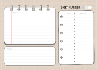 Minimal daily planner template with goal, note, and schedule sections. Vector illustration.