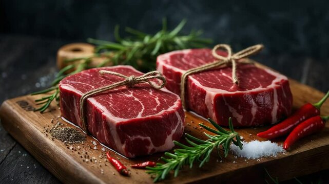 Raw filet mignon steak on a wooden board with salt and pepper