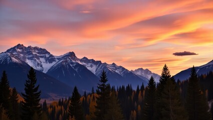 Snow capped mountains and evergreen trees at sunset with a colorful orange and purple sky