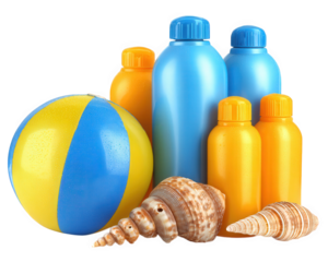 Brightly colored beach ball, sunscreen bottles, and seashells arranged together, evoking fun summer vibe. Perfect for beach themed projects or vacation planning