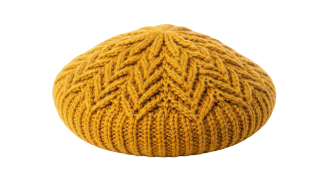 Knitted mustard beret hat with chevron pattern isolated PNG with Transparent Background