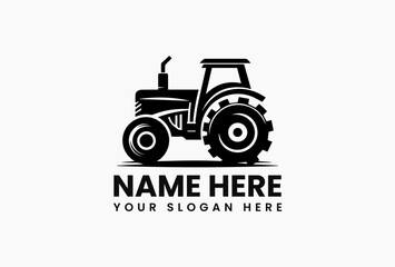 Classic black silhouette of vintage farm tractor with large rear wheels isolated on white background. Agriculture equipment concept