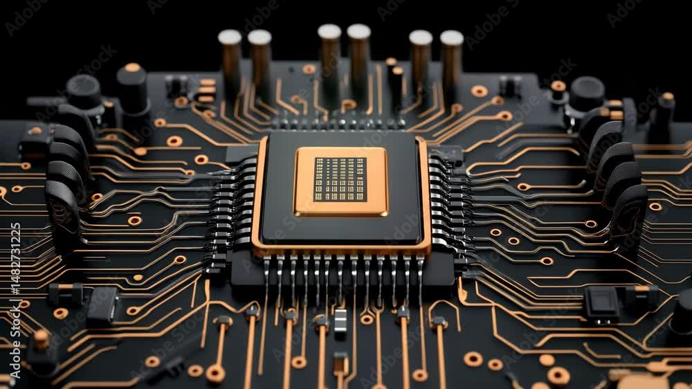 Poster digital microchip architecture: a high-angle, detailed shot of a microchip's intricate circuitry and