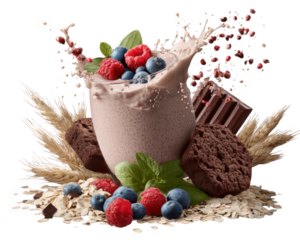 Creamy chocolate protein shake with fresh raspberries and blueberries splashing around, surrounded by oats and cookies, creating delightful and energetic scene