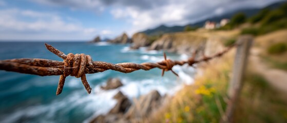 Rusty barbed wire fences a coastal view