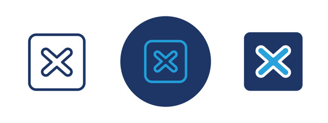 Set of 5 pixel perfect colored Close button icon with 1 unexpanded, 1 silhouette,  X or cross icon used to close windows or cancel actions.