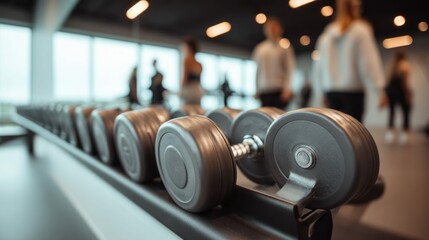 Fototapeta premium A rack of dumbbells is the focal point in a well-lit gym, with silhouettes of people exercising in the background, creating a dynamic scene.