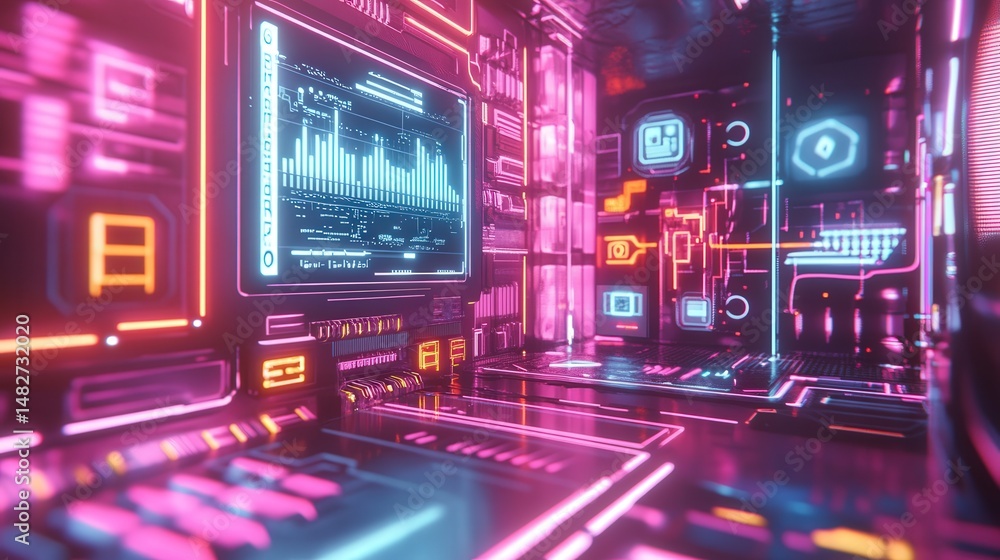 Poster graphics card hovering in a neon-lit room, surrounded by holographic icons and data streams.
