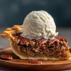 A decadent slice of pecan pie with vanilla ice cream on a wooden plate.