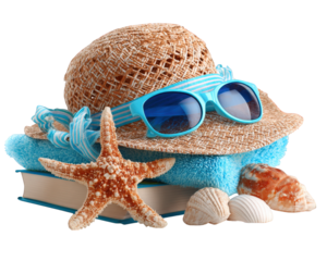 Sun hat, sunglasses, and beach book are arranged together with seashells and starfish, evoking relaxing beach vibe. Perfect for summer days by ocean