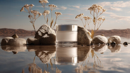 Naklejka premium Cream Jar Mockup with Dried Flowers in Reflective Water