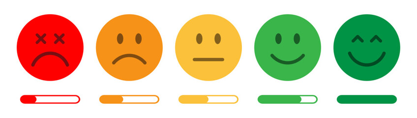 Colorful emoticons showing customer satisfaction levels from bad to excellent, with progress bars. Perfect for surveys, reviews, feedback forms, and rating evaluations. Feedback, emoji.