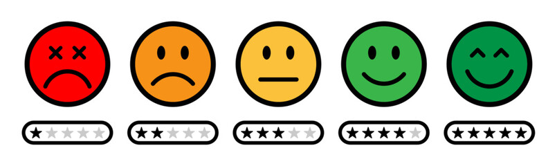 Fototapeta premium Emoji feedback rating scale with color coded faces from red sad to green happy, paired with 1 to 5 star rating bars. Perfect for, surveys, reviews, or customer satisfaction. Rating, emoji, icons.