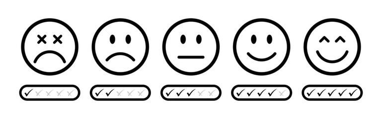 Fototapeta premium Emoji feedback scale using checkmarks for rating, from sad to happy faces. Ideal for professional surveys, assessments, evaluations, and UX design templates. Rating emoji, feedback emoji.