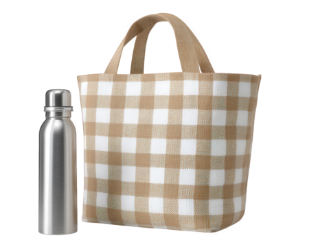 Stylish beach tote with water bottle, perfect for summer outings. tote features chic checkered pattern, ideal for carrying essentials like sunscreen and snacks